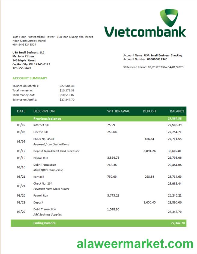 Vietcombank  business statement Word and PDF template